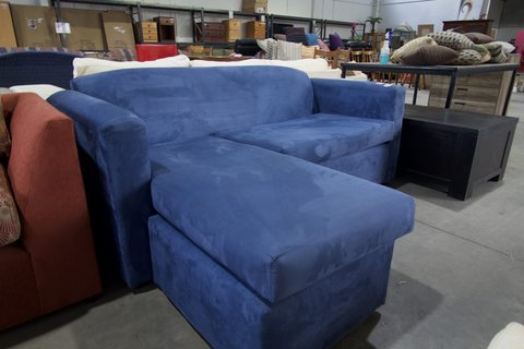 Couch with Chaise Faux Blue Suede - 2 Seater