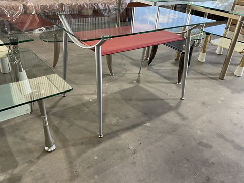 Rectangle Glass Table - Red Vinyl Shelf